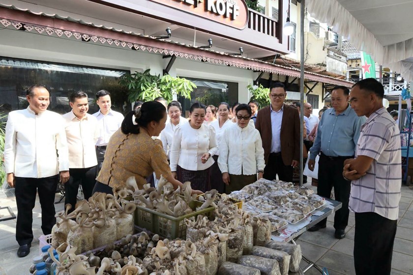 ທ່ານນາງ ວຽງທອງ ສີພັນດອນ ຢ້ຽມຊົມຮ້ານວາງສະແດງ ຊຸກຍູ້ສິນຄ້າທ້ອງຖິ່ນໃນງານບຸນອອກພັນສາ ທີ່ຄຳມ່ວນ